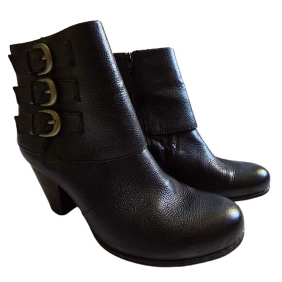 Bolo by Born Ankle Boots Leather Black Buckle Moto Goth Biker Block Heel Sz. 7.5 - Picture 2 of 15
